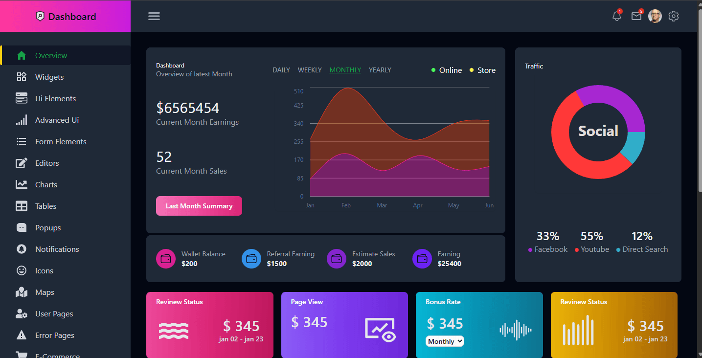 Modern Admin Dashboard UI (Frontend Only) interface preview
