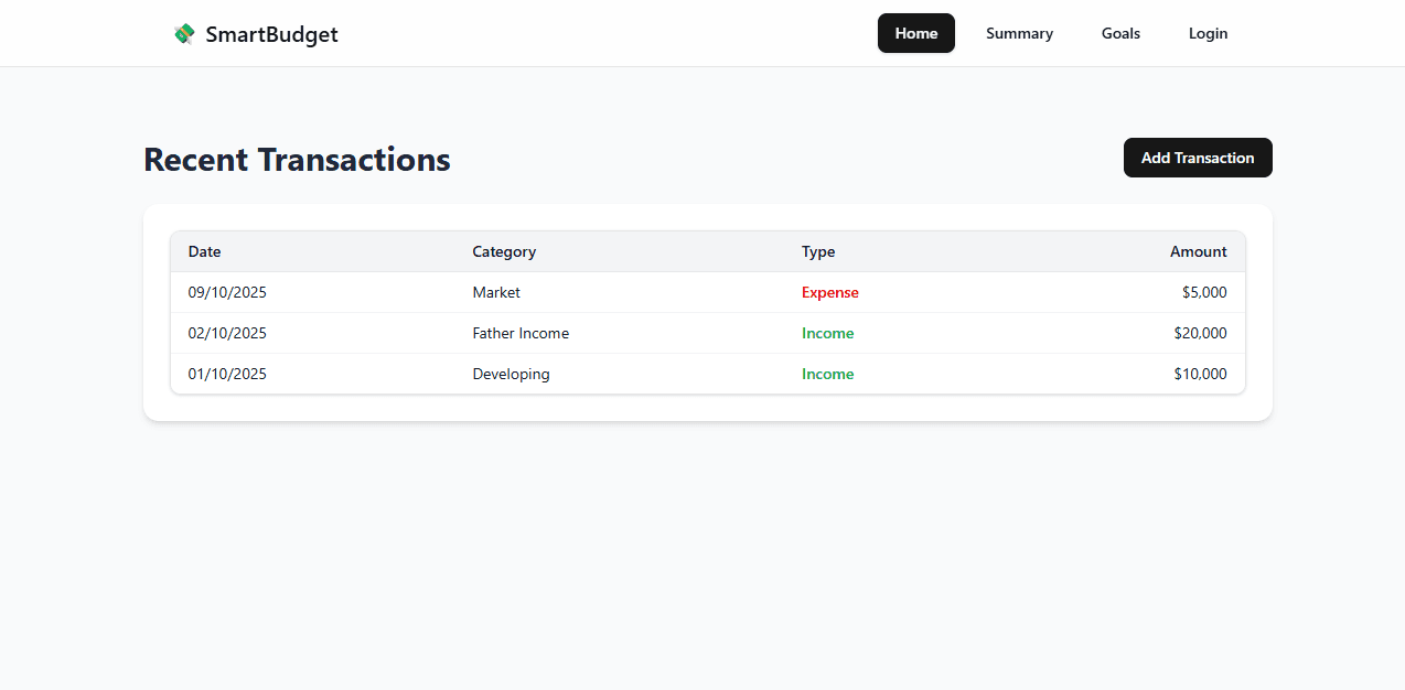 SmartBudget - Personal Finance Manager (running) interface preview